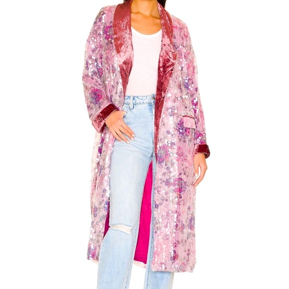 Free People Kealey Kimono Sequin Pink Purple Velvet Cardigan Jacket Duster $298 - Picture 5 of 13